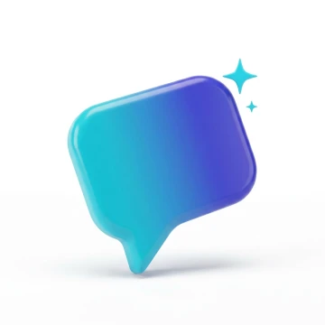 A 3D speech bubble shading from teal to indigo with a sparkle beside it