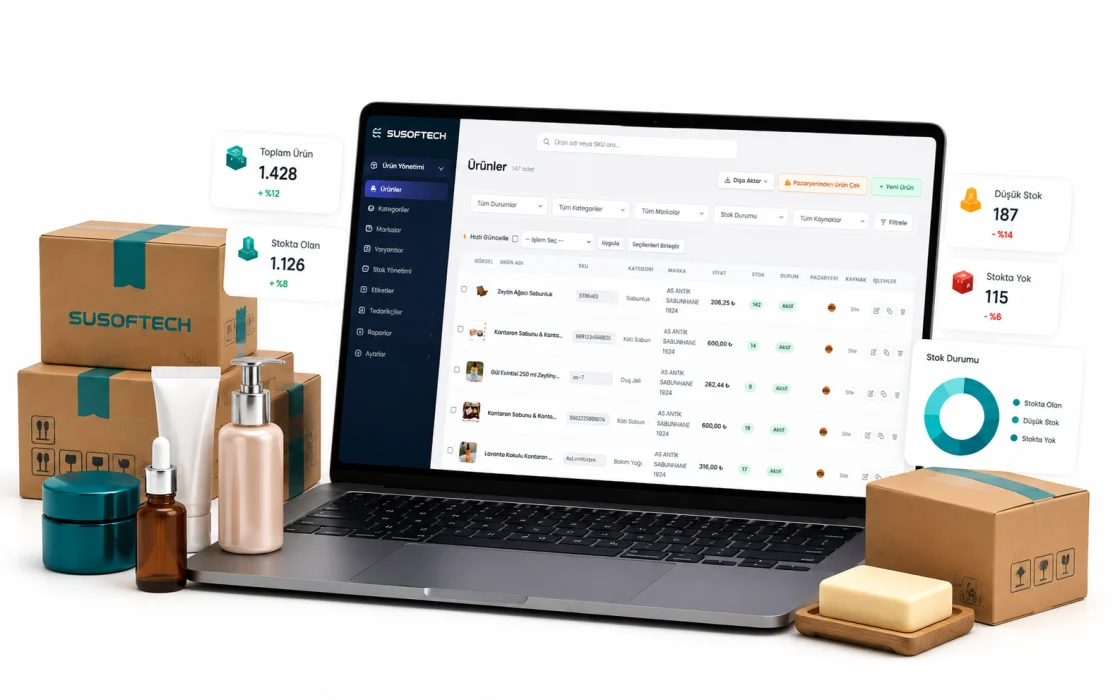 Product list screen showing stock levels, marketplace source and low-stock alerts