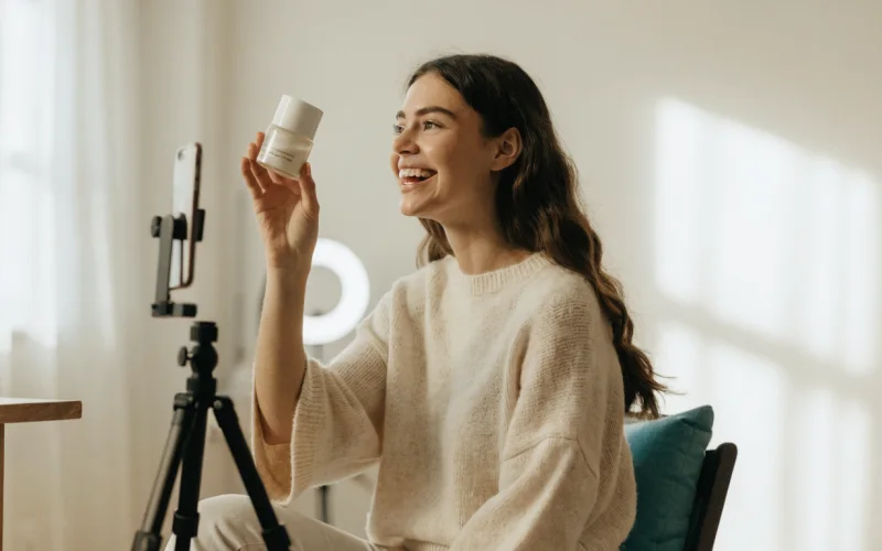 A content creator presenting a product to a phone on a tripod