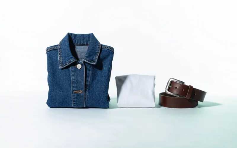 A denim jacket with a t-shirt and belt suggested alongside
