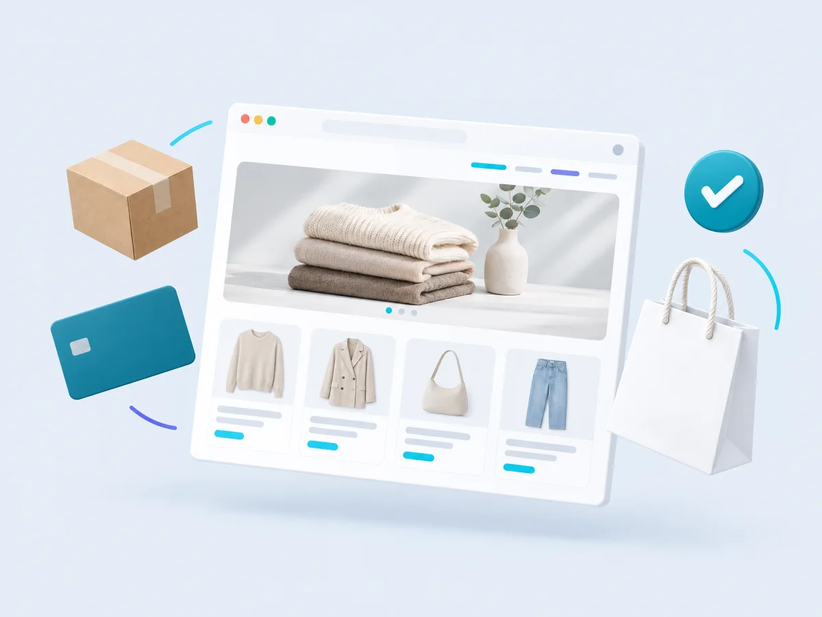 A new store ready to sell, with a shipping box, payment card and shopping bag