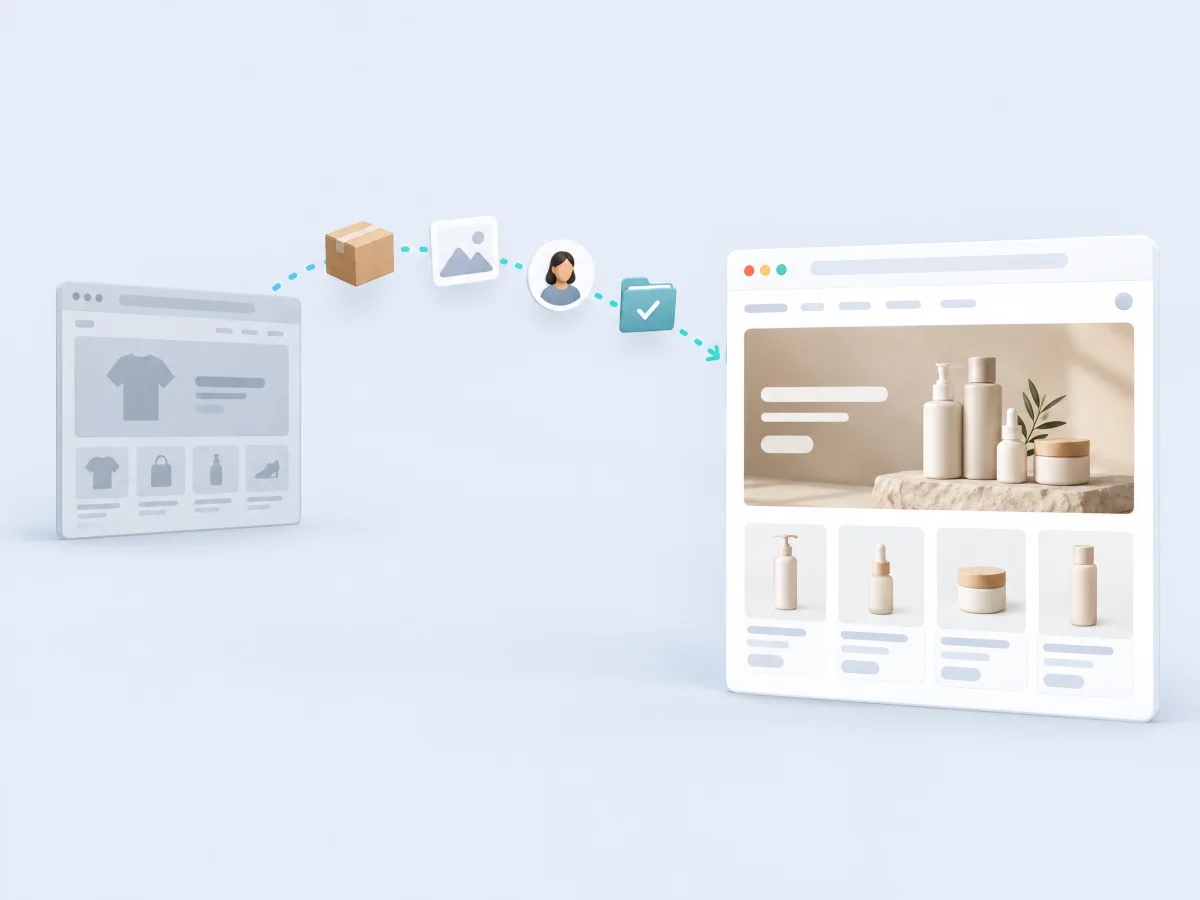 Product, image and customer cards moving from an old store to a new one